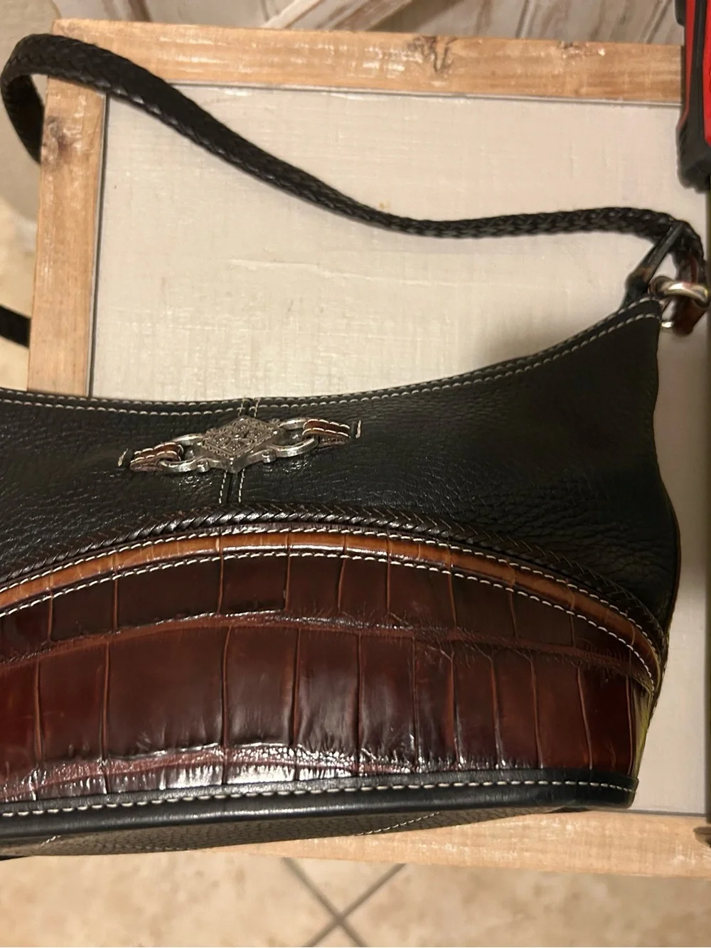 Brighton Vintage Black Pebbled Leather & Brown Croc Hobo Shoulder Bag Purse